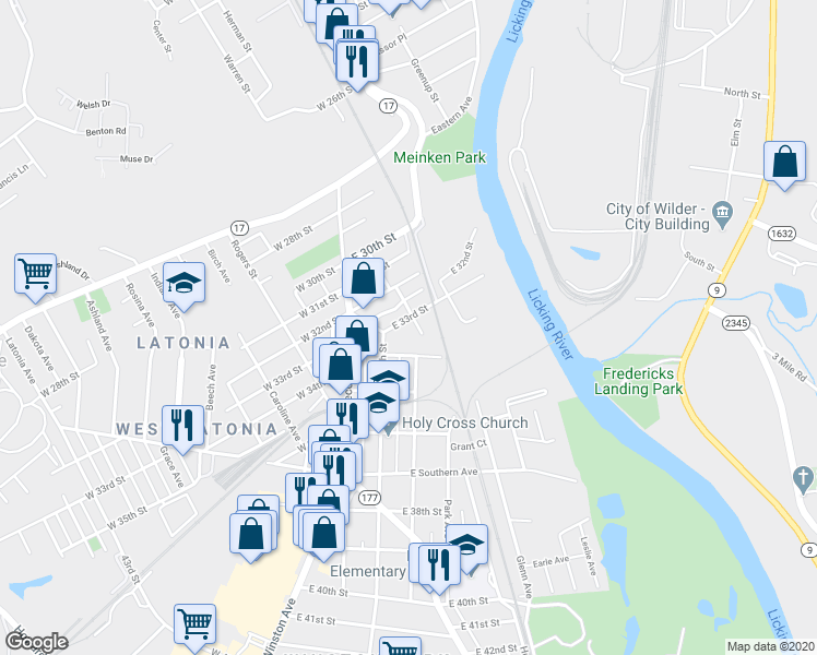 map of restaurants, bars, coffee shops, grocery stores, and more near 126 East 33rd Street in Covington