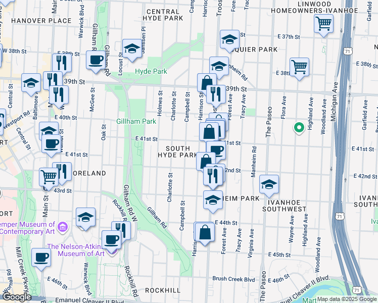 map of restaurants, bars, coffee shops, grocery stores, and more near 4100 Campbell Street in Kansas City