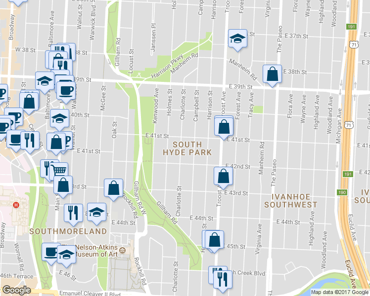 map of restaurants, bars, coffee shops, grocery stores, and more near 4100 Campbell Street in Kansas City
