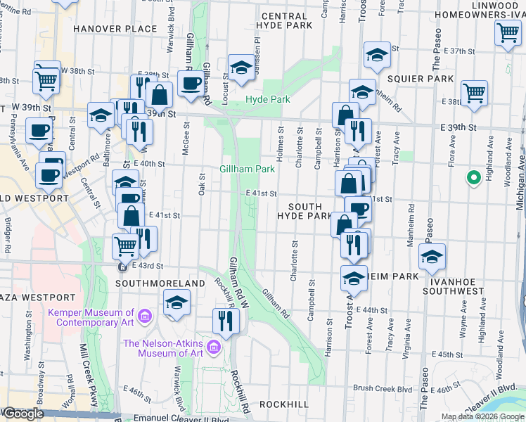 map of restaurants, bars, coffee shops, grocery stores, and more near 4105 Kenwood Avenue in Kansas City