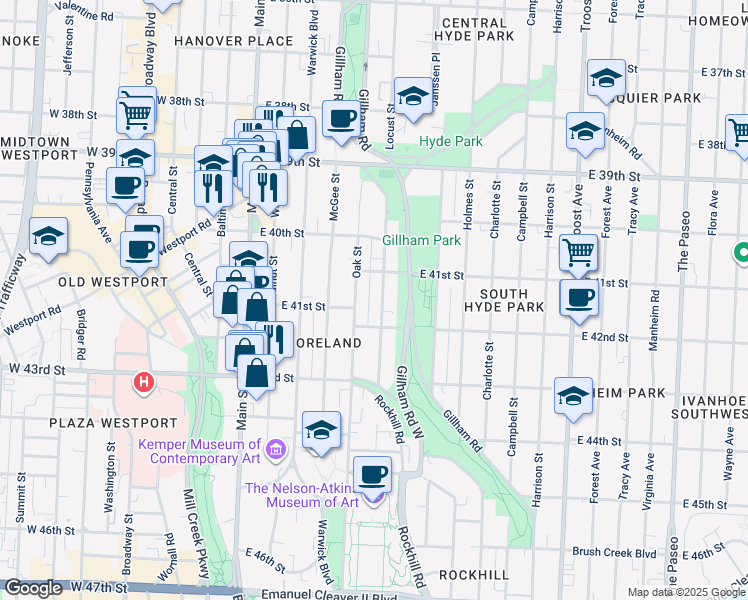 map of restaurants, bars, coffee shops, grocery stores, and more near 4104 Locust Street in Kansas City