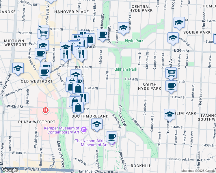 map of restaurants, bars, coffee shops, grocery stores, and more near 4104 Locust Street in Kansas City