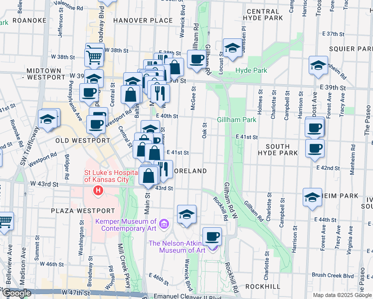 map of restaurants, bars, coffee shops, grocery stores, and more near 4041 McGee Street in Kansas City