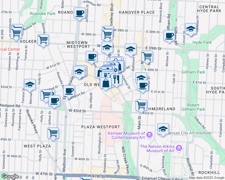 map of restaurants, bars, coffee shops, grocery stores, and more near 4116 Broadway Boulevard in Kansas City