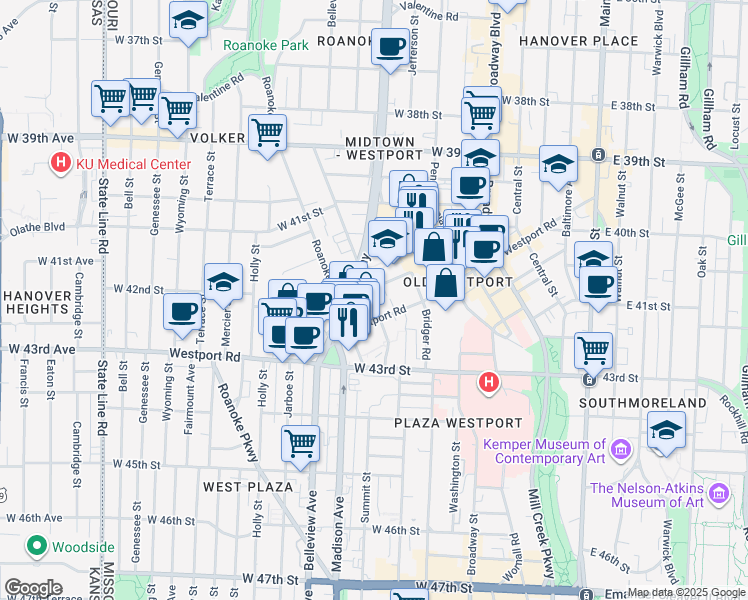 map of restaurants, bars, coffee shops, grocery stores, and more near 4151 Clark Avenue in Kansas City