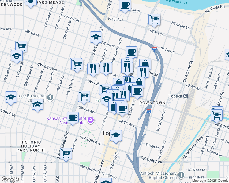 map of restaurants, bars, coffee shops, grocery stores, and more near 500-598 SW Jackson St in Topeka