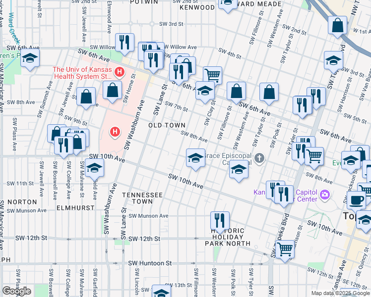map of restaurants, bars, coffee shops, grocery stores, and more near 1109 Southwest 8th Avenue in Topeka