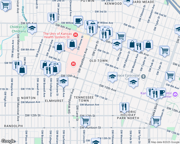 map of restaurants, bars, coffee shops, grocery stores, and more near 819 Southwest Lane Street in Topeka