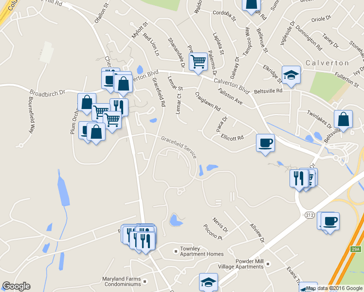 map of restaurants, bars, coffee shops, grocery stores, and more near Gracefield Service in Silver Spring