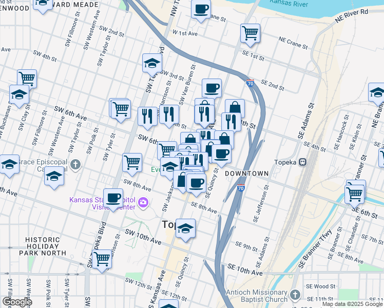 map of restaurants, bars, coffee shops, grocery stores, and more near 112 Southwest 6th Avenue in Topeka