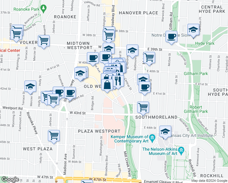 map of restaurants, bars, coffee shops, grocery stores, and more near 4116 Broadway Boulevard in Kansas City