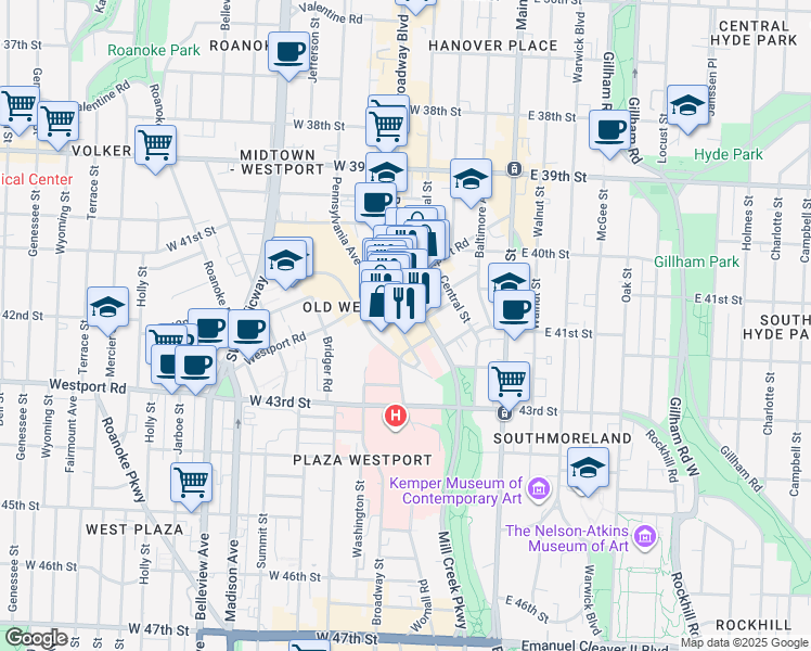 map of restaurants, bars, coffee shops, grocery stores, and more near 4116 Broadway Boulevard in Kansas City