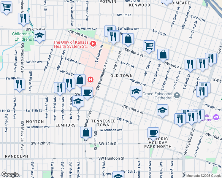 map of restaurants, bars, coffee shops, grocery stores, and more near 819 Southwest Lane Street in Topeka
