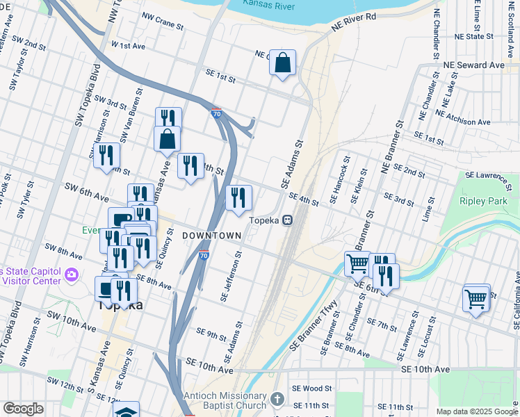 map of restaurants, bars, coffee shops, grocery stores, and more near 401-467 Southeast Jefferson Street in Topeka