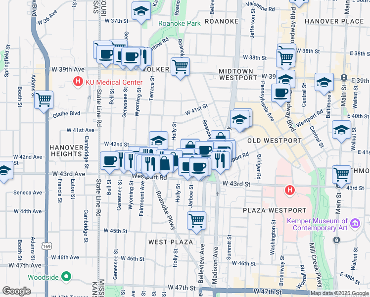 map of restaurants, bars, coffee shops, grocery stores, and more near 4147 Holly Street in Kansas City