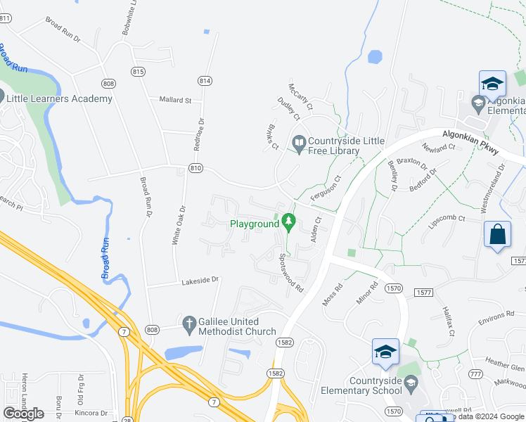 map of restaurants, bars, coffee shops, grocery stores, and more near 37 Southall Court in Sterling