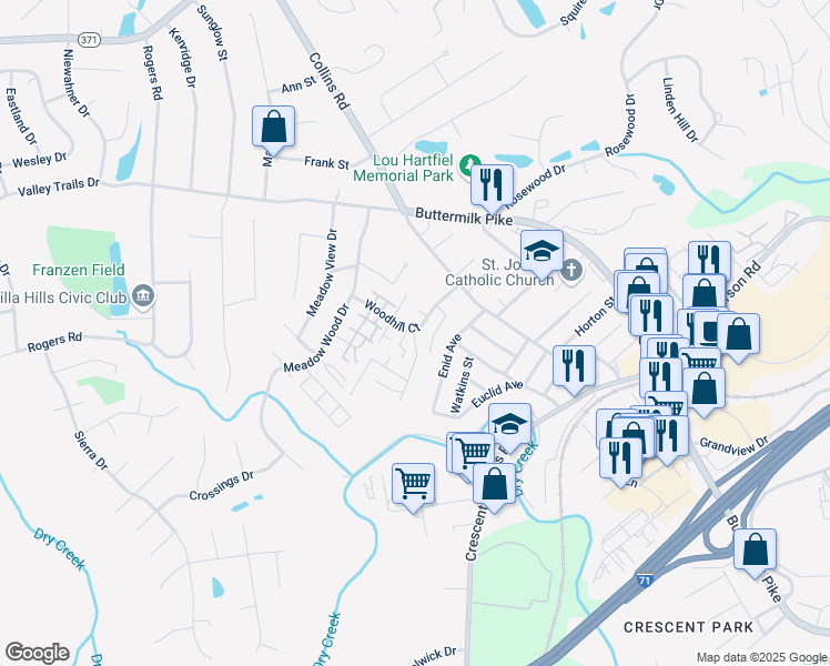 map of restaurants, bars, coffee shops, grocery stores, and more near 2304 Woodhill Court in Crescent Springs