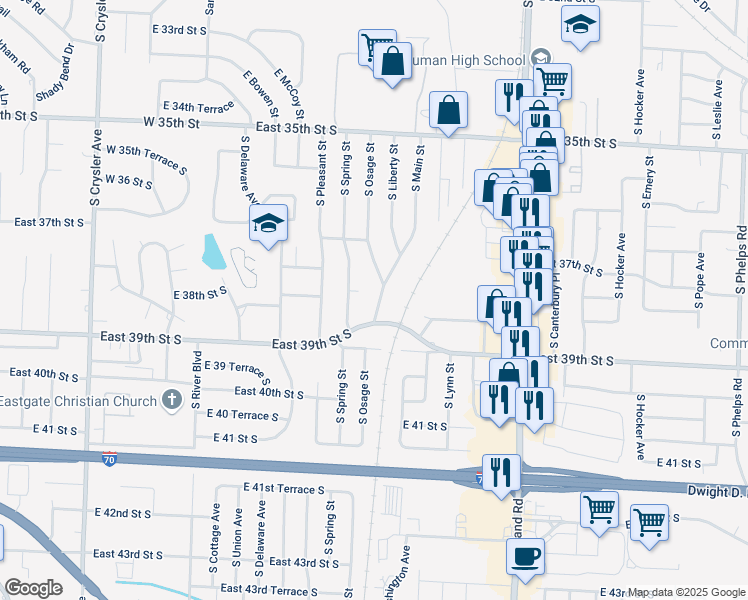 map of restaurants, bars, coffee shops, grocery stores, and more near 3800 South Main Street in Independence