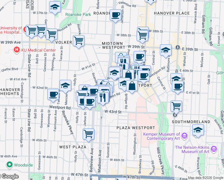 map of restaurants, bars, coffee shops, grocery stores, and more near 4209 Clark Avenue in Kansas City