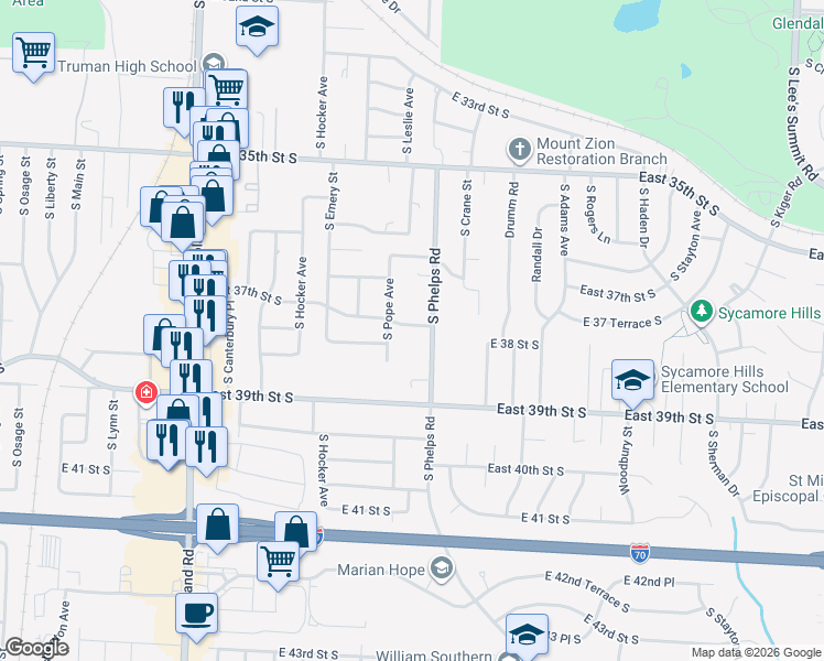 map of restaurants, bars, coffee shops, grocery stores, and more near 14512 East 37th Street South in Independence