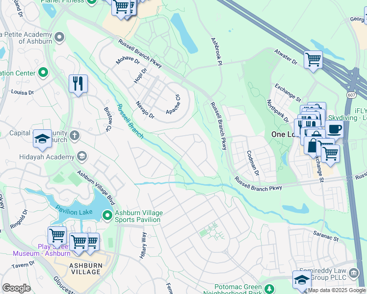 map of restaurants, bars, coffee shops, grocery stores, and more near 20412 Oyster Reef Place in Ashburn