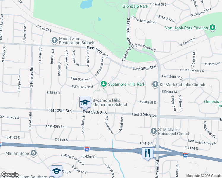map of restaurants, bars, coffee shops, grocery stores, and more near 3707 South Breckenridge Drive in Independence