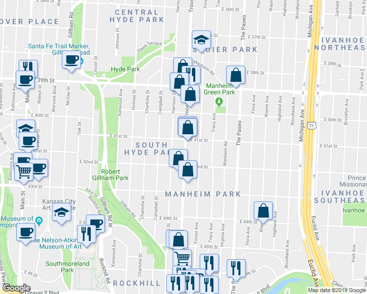 map of restaurants, bars, coffee shops, grocery stores, and more near 4101 Troost Avenue in Kansas City