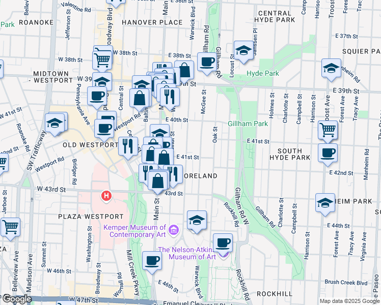 map of restaurants, bars, coffee shops, grocery stores, and more near 4047 Warwick Boulevard in Kansas City
