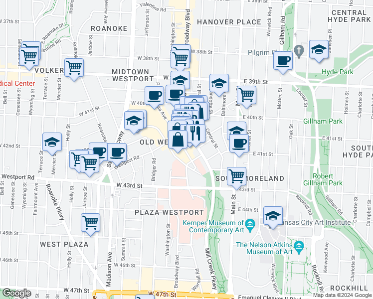 map of restaurants, bars, coffee shops, grocery stores, and more near 4116 Broadway Boulevard in Kansas City