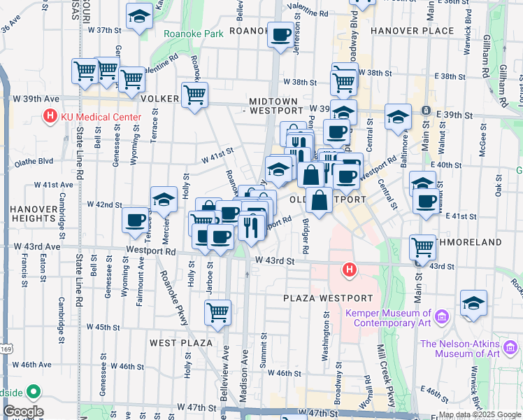 map of restaurants, bars, coffee shops, grocery stores, and more near 4151 Clark Avenue in Kansas City
