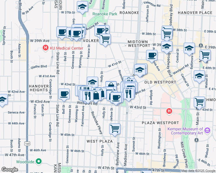 map of restaurants, bars, coffee shops, grocery stores, and more near 4147 Holly Street in Kansas City
