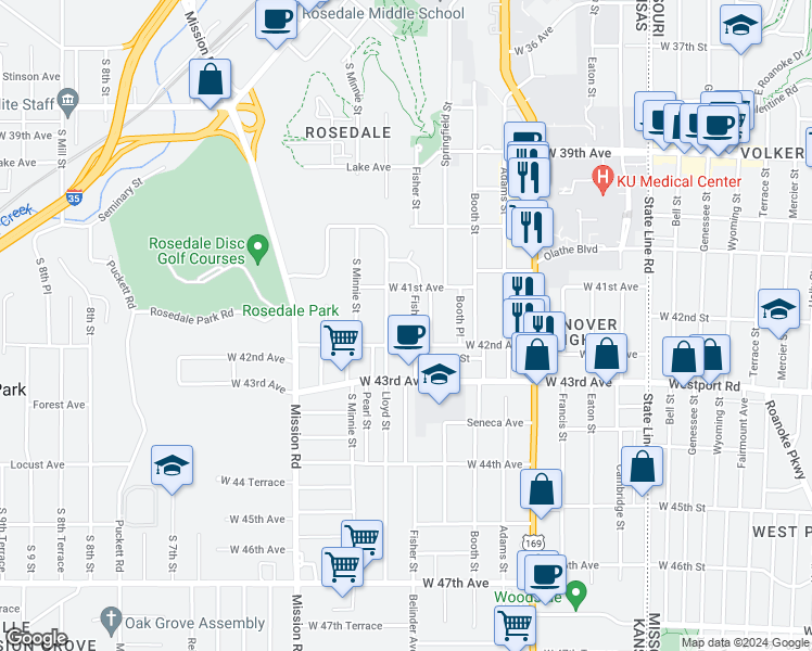 map of restaurants, bars, coffee shops, grocery stores, and more near 4116 Fisher Street in Kansas City