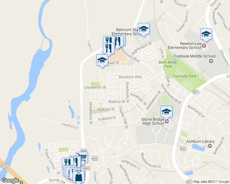 map of restaurants, bars, coffee shops, grocery stores, and more near 42920 Needham Way in Ashburn