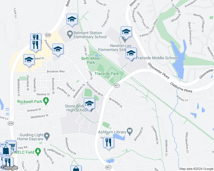 map of restaurants, bars, coffee shops, grocery stores, and more near 20406 Elm Grove Terrace in Ashburn