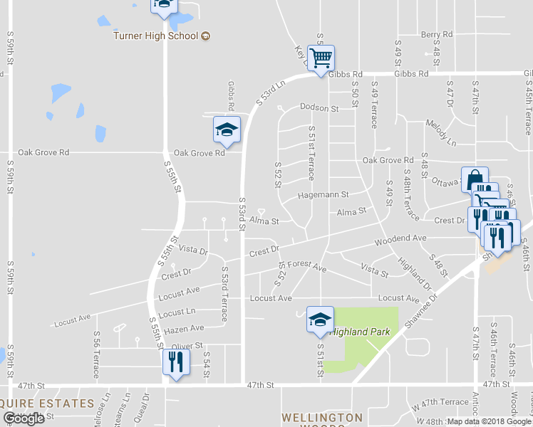 map of restaurants, bars, coffee shops, grocery stores, and more near 2729 South 52 Court in Kansas City