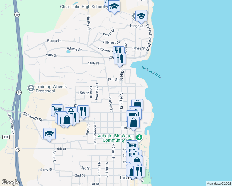 map of restaurants, bars, coffee shops, grocery stores, and more near 348 15th Street in Lakeport