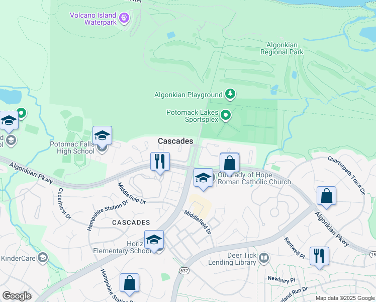 map of restaurants, bars, coffee shops, grocery stores, and more near 46719 Lynnhaven Square in Sterling