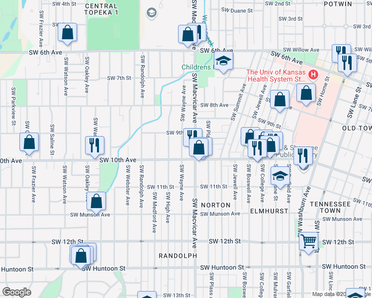 map of restaurants, bars, coffee shops, grocery stores, and more near 930 Southwest Wayne Avenue in Topeka