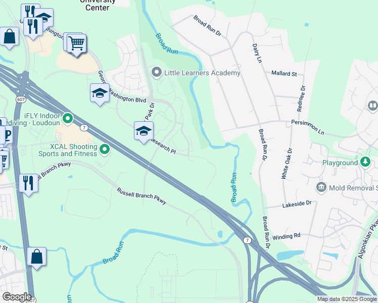 map of restaurants, bars, coffee shops, grocery stores, and more near 20360 River Ridge Terrace in Ashburn