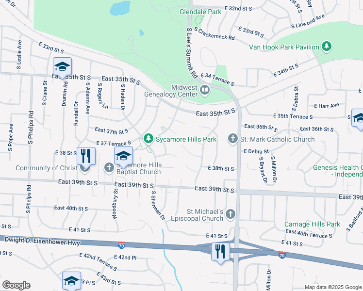 map of restaurants, bars, coffee shops, grocery stores, and more near 16004 East 37 Terrace South in Independence