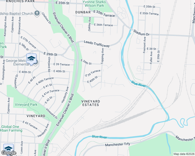 map of restaurants, bars, coffee shops, grocery stores, and more near 5700 East 40 Street in Kansas City