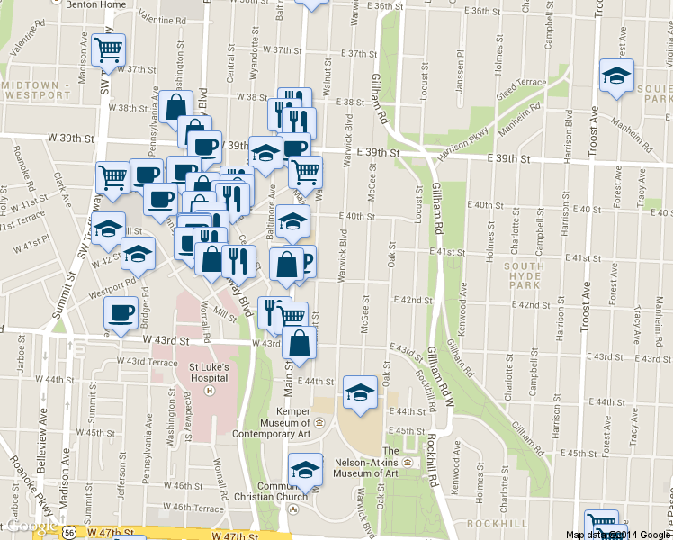 map of restaurants, bars, coffee shops, grocery stores, and more near 4047 Warwick Boulevard in Kansas City
