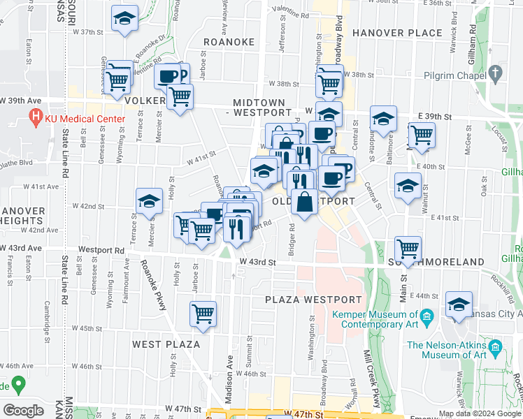 map of restaurants, bars, coffee shops, grocery stores, and more near 4151 Clark Avenue in Kansas City
