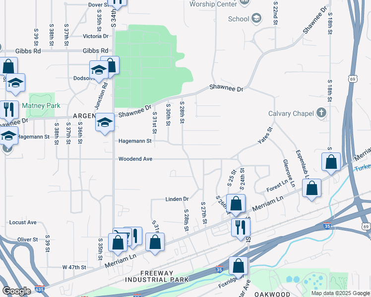 map of restaurants, bars, coffee shops, grocery stores, and more near 2658 South 28th Street in Kansas City