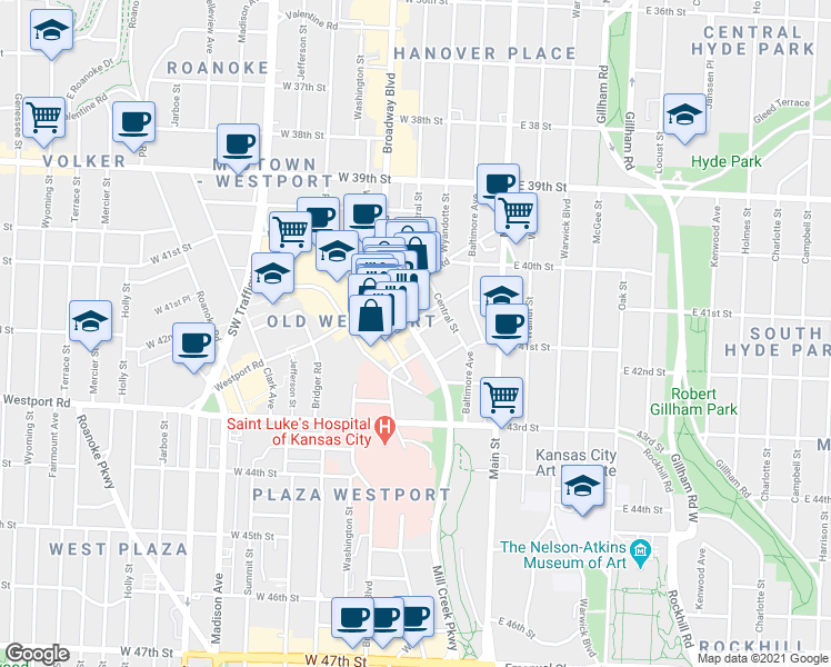 map of restaurants, bars, coffee shops, grocery stores, and more near Broadway & Lawrence St in Kansas City