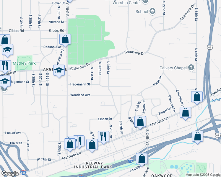 map of restaurants, bars, coffee shops, grocery stores, and more near 2658 South 28th Street in Kansas City