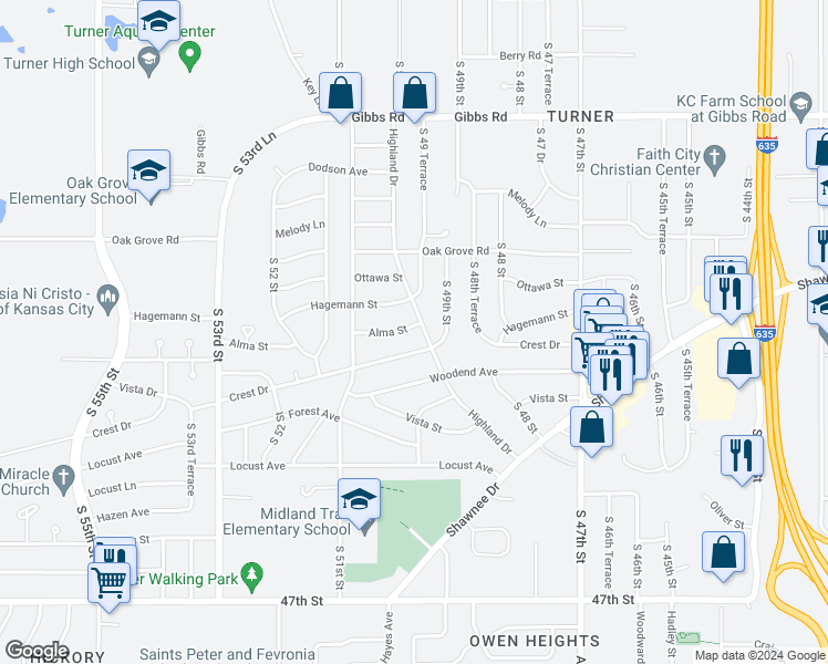 map of restaurants, bars, coffee shops, grocery stores, and more near 4905 Alma Street in Kansas City