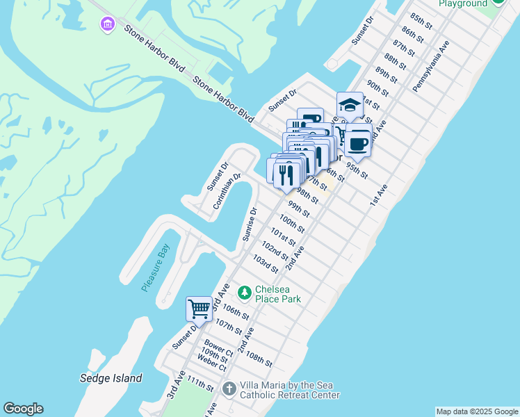 map of restaurants, bars, coffee shops, grocery stores, and more near 9913 3rd Avenue in Stone Harbor