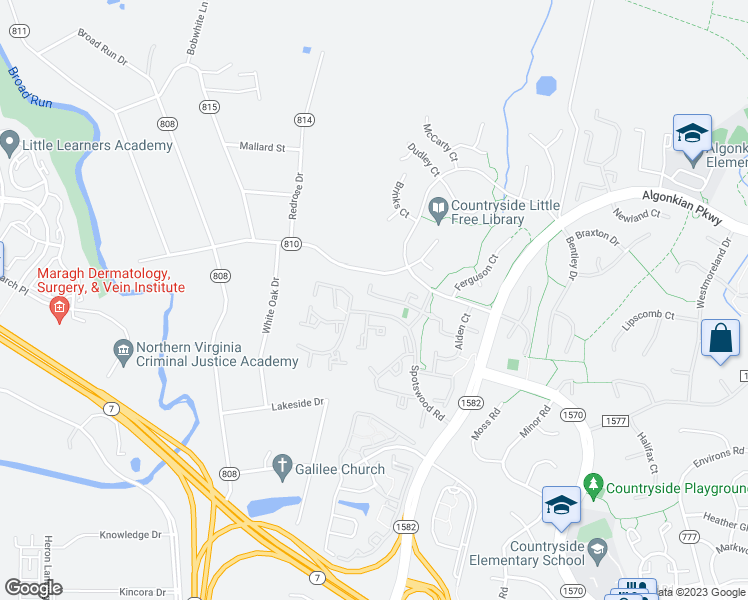 map of restaurants, bars, coffee shops, grocery stores, and more near 57 Southall Court in Sterling