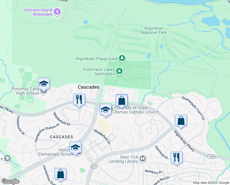 map of restaurants, bars, coffee shops, grocery stores, and more near 20337 Ashcroft Terrace in Sterling